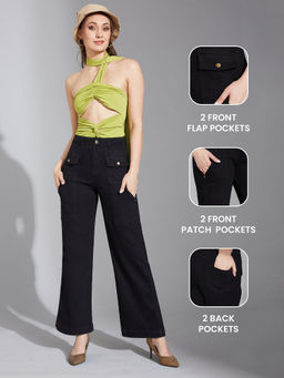 LIFE WITH POCKETS - Women's Black Flared High Rise Regular Stretchable Denim Jeans