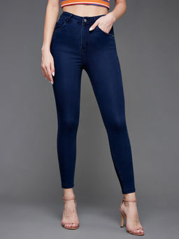 Miss Chase - Womens Navy Blue Skinny Fit High Rise Cropped Stretchable Denim Jeans