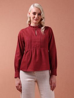 U.S. POLO ASSN. - Red Front Pleat Ruffle Neck Top