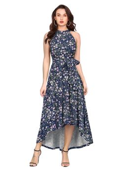 Odette - Navy Blue Polyester A-Line Floral Printed Midi Dress with Belt (Set of 2)