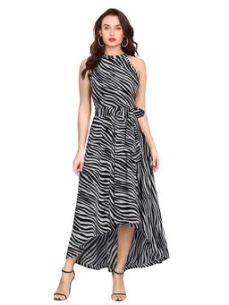 Odette - Grey Polyester A-Line Animal Print Midi Dress with Belt (Set of 2)