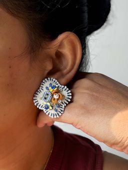 KIHOY - Craddle - Neutral And Blue Hand Embroidered Stud Earrings