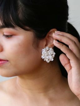 KIHOY - White Pearl And Sequin Handcrafted Stud Earrings