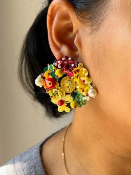 KIHOY - Multicolour Embroidered Stud Earrings with Coin Detail