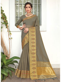 Sangam Prints - Grey Siroski Work Traditional Tassle Saree with Unstitched Blouse
