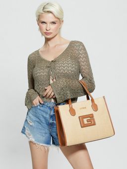 Guess - Beige Textured G Status 2 Compartment Tote Bag with Detachable Strap