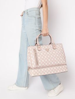 Guess - Beige Monogram Wilder Zip Bottom Shopper Tote Bag with Detachable Strap