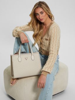 Guess - Cream Textured Silvana 2 Comp Tote Bag with Detachable Strap