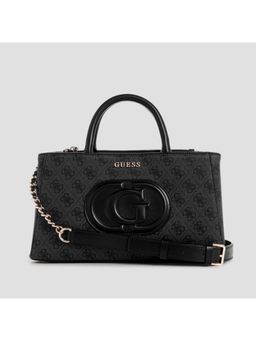 Guess - Black Monogram Eco Mietta Small Society Satchel Bag with Detachable Strap