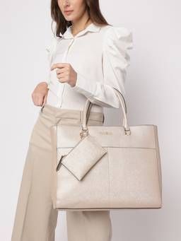 Guess - Cream Solid Pennywise Carryall Tote Bag with Pouch