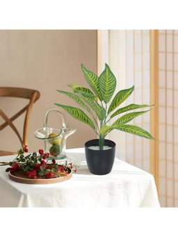 Home Bloom - Beautiful Artificial Yellow Croton Plant Mini Bush Basic Black Pot