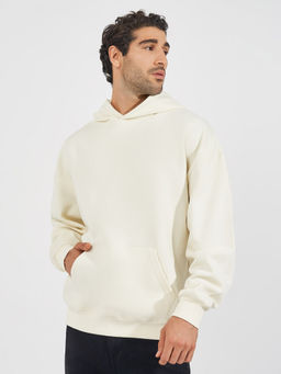 Styli - Cream Solid Oversized Heavy Weight Kangaroo Pocket Hoodie