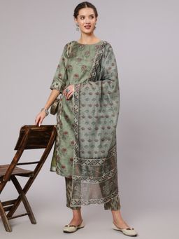 Jaipur Kurti - Women Green Embellished Kurta with Trouser and Dupatta (Set of 3)