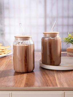 Trovea's - Ribbed roots Tumbler with Wooden Lid and Glass Straw (Set Of 2)