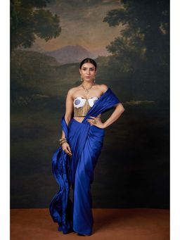 THETAA - Fully Hand-Embroidered Blue Saree with Unstitched Blouse