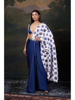 THETAA - Mirror Work Pre-Draped Buti Print Blue Saree with Stitched