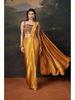 THETAA - Hand-Embroidered Pre-Draped Liquid Yellow Saree with Stitched Blouse
