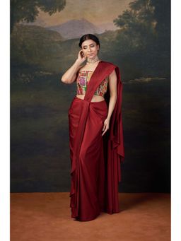 THETAA - Stylish Strapless Hand-Embroidered Pre-Draped Red Saree with Stitched