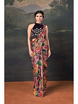 THETAA - Hand-Embroidered Halter Neck Jharokha Pre-Draped Purple Saree with Stitched Blouse