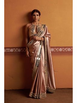 THETAA - Clay Tone Fully Hand Embroidered Brown Saree And Petticoat with Stitched Blouse