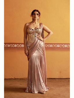 THETAA - Hand Embroidered Pleated Pre Draped Pink Saree And Petticoat with Stitched Blouse