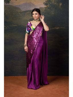 THETAA - Hand-Embroidered Pre-Draped Purple Saree with Stitched Blouse