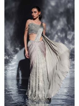 Jade by Ashima - Women Silver Embellished Drape Saree with Tube Blouse