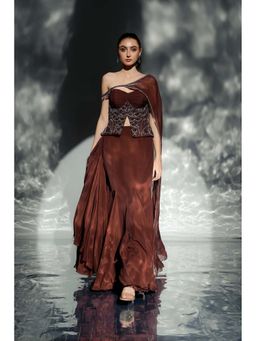 Jade by Ashima - Women Brown Embroidered Corset with Drape saree with Stitched Blouse