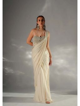 Jade by Ashima - Women Ivory Embellished Corset with Drape saree with Stitched Blouse