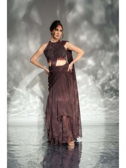 Jade by Ashima - Women Brown Embellished Blouse with Drape Saree
