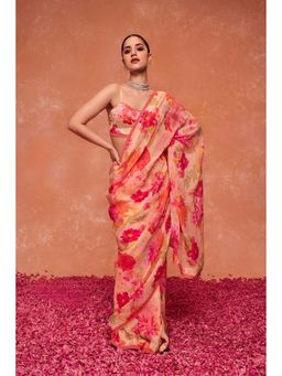 DOHR INDIA - Women Pink Organza Printed Saree with Unstitched Blouse and Petticoat