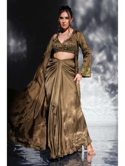 Jade by Ashima - Women Khaki Embellished Pre-draped Saree with Blouse and Jacket