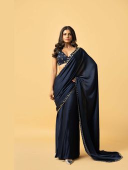 Quench A Thirst - Women Blue Polyester Satin Pre-Draped Saree with Stitched Blouse