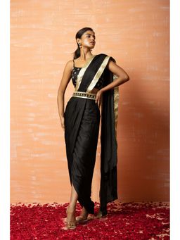 Quench A Thirst - Women Black Silk Pre-Draped Saree and Belt with Stitched Blouse