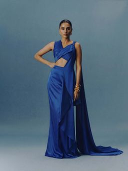 "Two Sisters" by Gyans - Cobalt Couture Draped Saree with Stitched Blouse