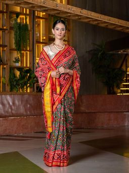 Beatitude - Grey Red Ethnic Motifs Silk Blend Patola Saree with Unstitched Blouse