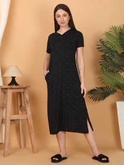 Sweet Dreams - Women Printed Calf Length Night Dress Black