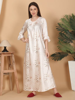 Sweet Dreams - Women Printed Full Sleeve Full Length Nighty White