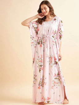 Sweet Dreams - Women Rayon Printed Kaftan Night Gown Pink