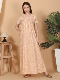Sweet Dreams - Women Printed Night Dress Beige