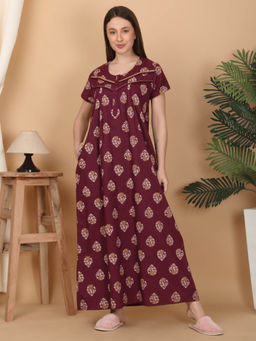 Sweet Dreams - Women Printed Night Dress Maroon