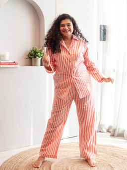 House of Ekam - Pink Stripe Cotton Loungewear Shirt With Pyjama (Set of 2)