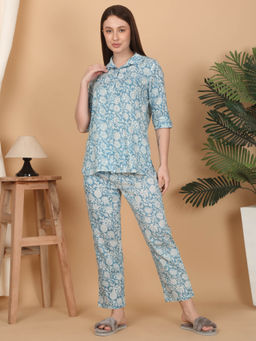 Sweet Dreams - Women Printed 3/4 Sleeve Co-Ord Blue (Set of 2)