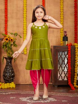 Aarika - Girls Olive Ethnic Sequins Gota Kurta with Dhoti