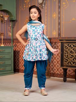Aarika - Girls Blue Printed Cotton Blend Kurta with Dhoti & Dupatta