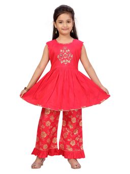 Aarika - Girls Red Embroidered Silk Kurti with Pant