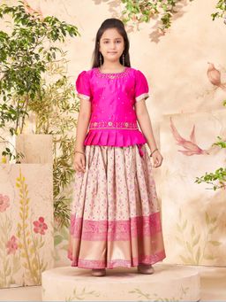 Aarika - Girls Pink Ethnic Beads Hand Embroidery Silk Choli with Lehenga