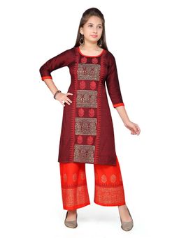 Aarika - Girls Maroon Woven Cotton Kurta with Palazzo