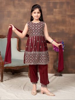 Aarika - Girls Maroon Sequin Thread Embroidery Kurta with Salwar & Dupatta
