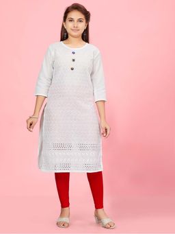 Aarika - Girls White Embroidered Cotton Kurta with Leggings